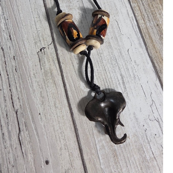 Bronze Elephant Pendant Necklace Boho Animal Print Beads Black Cord Jewelry - Picture 8 of 8
